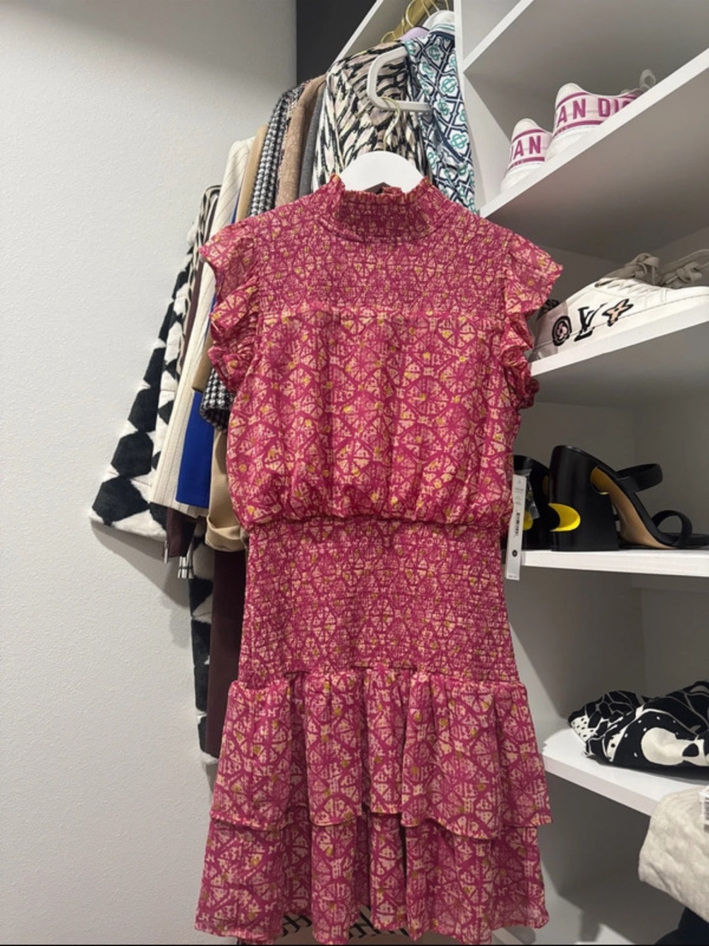 Aqua Women's Pink/Gold Patterned Ruffled Short Dress